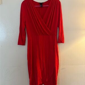 H&M Red Sheath Dress with V-Neck and Cuffed Sleeves